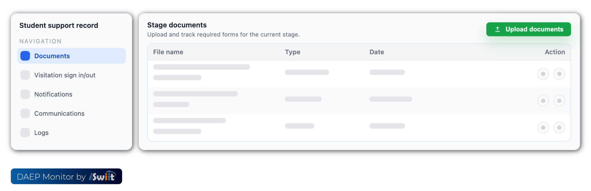 Unified DAEP student record showing documents, notes, and communication tabs