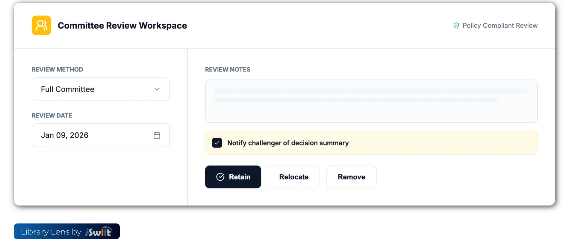 Committee review workspace showing review method, notes, and decision actions