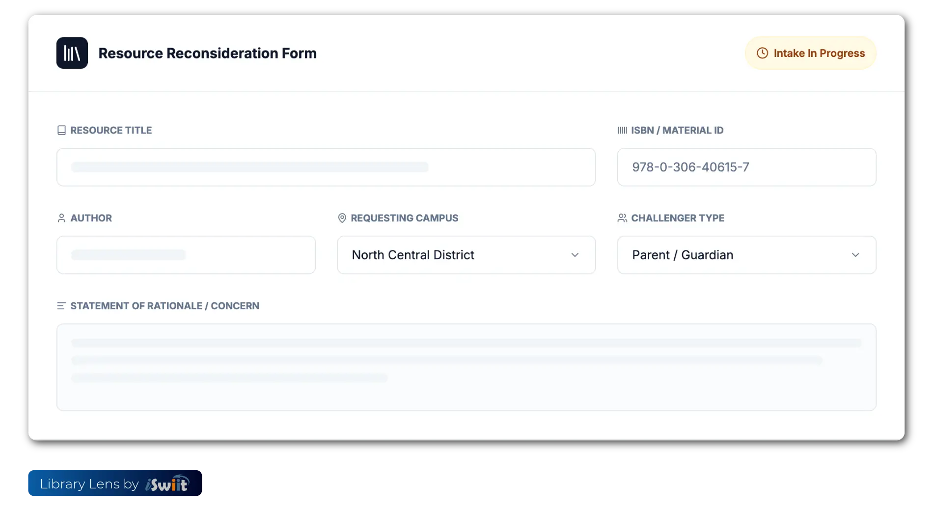 Resource reconsideration intake form with requester, campus, and challenger details