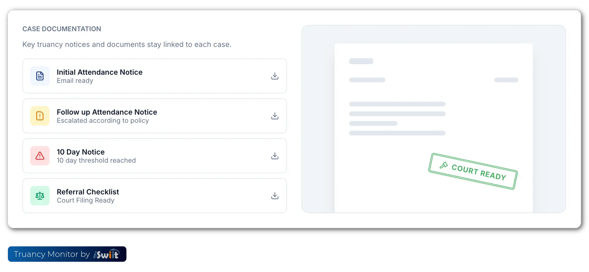 Truancy Monitor case documentation with court ready notice history