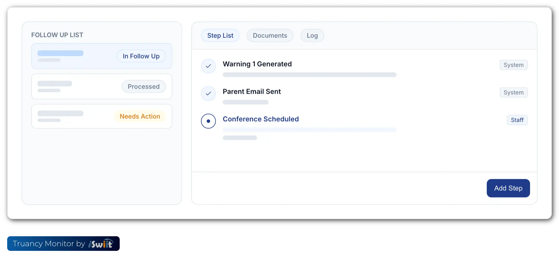 Truancy Monitor follow-up screen showing student intervention steps