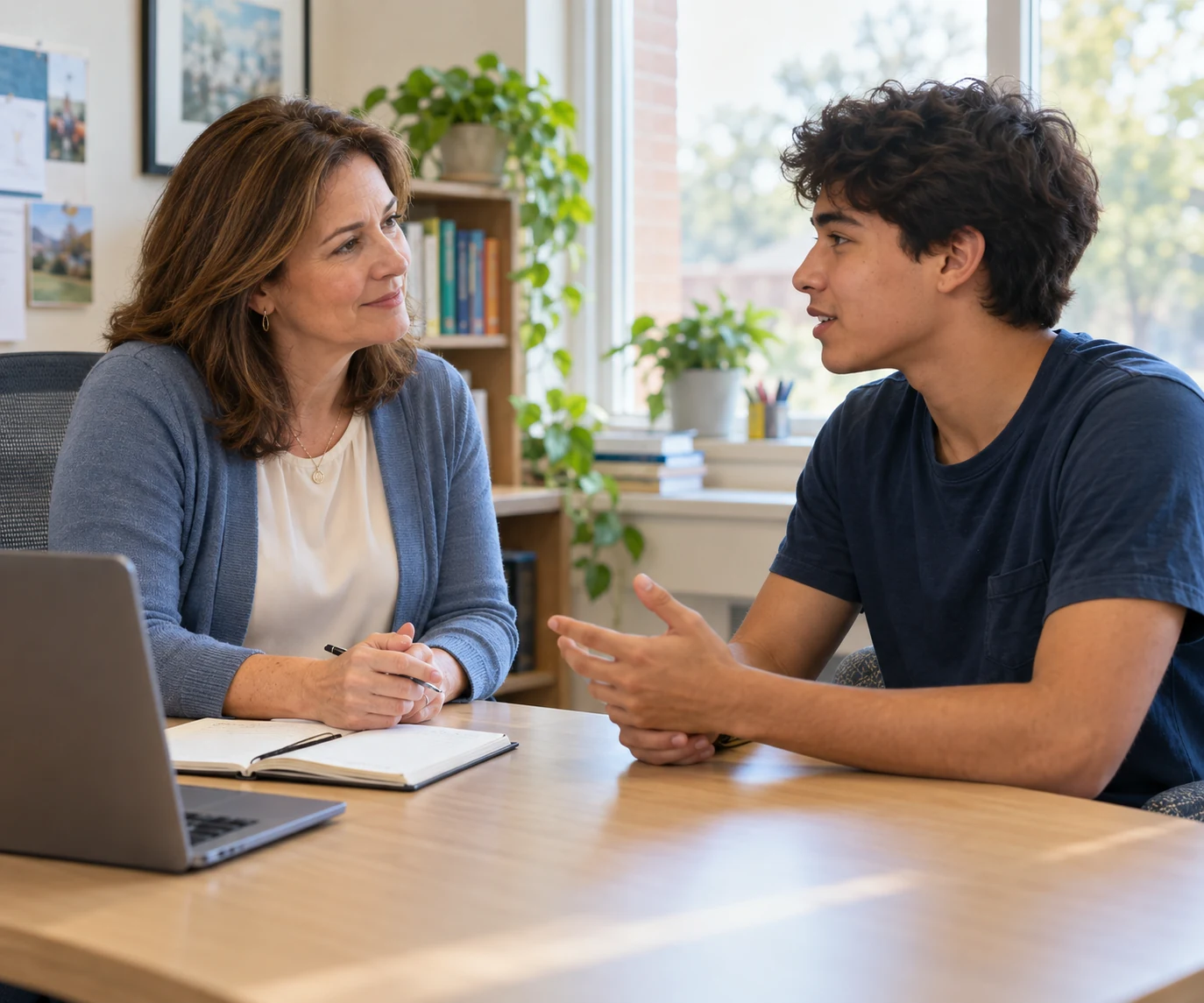 A school counselor listening to a student and discussing next steps.